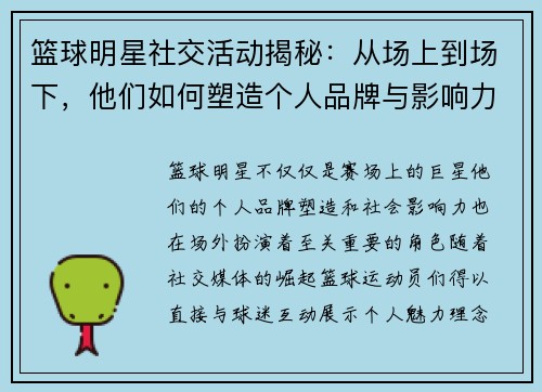 篮球明星社交活动揭秘：从场上到场下，他们如何塑造个人品牌与影响力