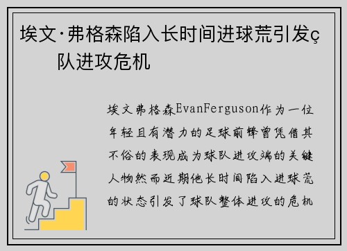 埃文·弗格森陷入长时间进球荒引发球队进攻危机 埃文·弗格森陷入长时间进球荒引发球队进攻危机